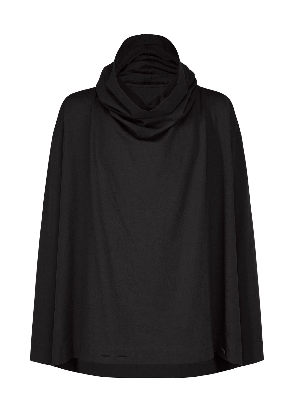 A loose-fitting COTTON YAK black poncho from IM MEN, featuring a wide draped cowl neck and relaxed-fit sleeves, crafted from cotton yak fabric. Shown against a plain white background. Part of the IM MEN Autumn Winter 2026/27 collection. view 2 of 11