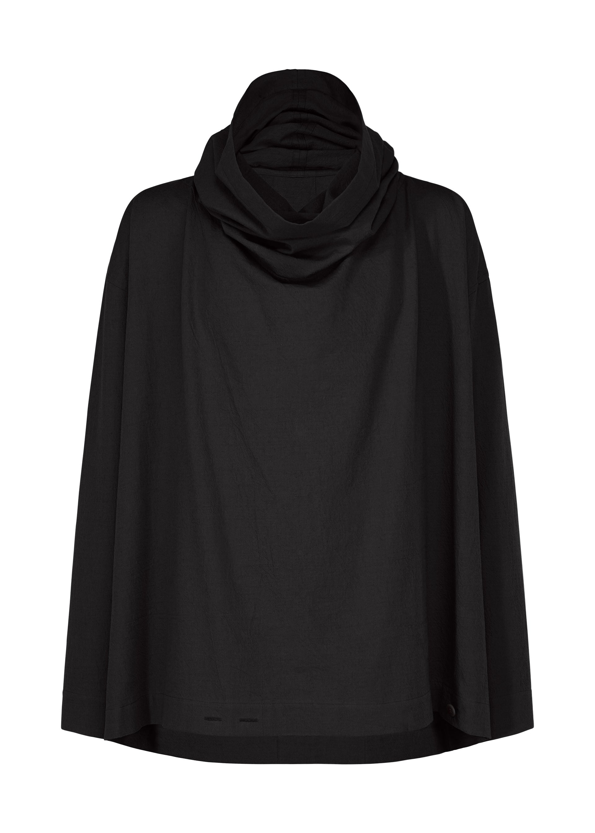 Zoomed view A loose-fitting COTTON YAK black poncho from IM MEN, featuring a wide draped cowl neck and relaxed-fit sleeves, crafted from cotton yak fabric. Shown against a plain white background. Part of the IM MEN Autumn Winter 2026/27 collection. - BLACK （no.15）