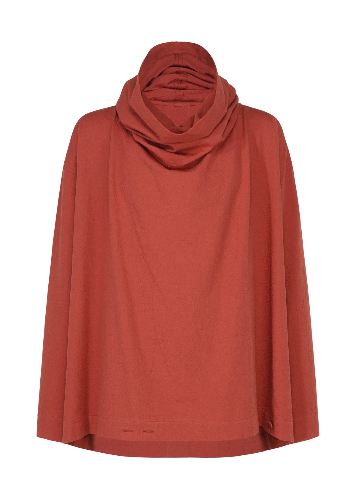 The IM MEN COTTON YAK top features a rust hue, long sleeves, a relaxed fit, and a wide draped cowl neckline. Made from soft cotton yak fabric, it is showcased on a plain white background—an ideal piece for the Autumn Winter 2026/27 collection. view 3 of 11