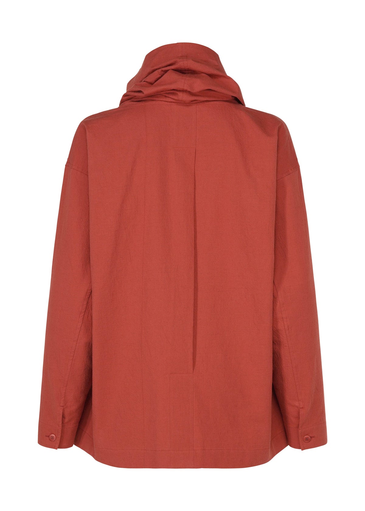 A rust-colored, long-sleeve jacket with a high collar from IM MEN, viewed from the back. Made from lightweight and durable COTTON YAK fabric, this piece offers comfort and ease. Inspired by the IM MEN Autumn Winter 2026/27 collection, it features a relaxed, loose fit with buttoned cuffs for a modern yet timeless silhouette. view 4 of 11