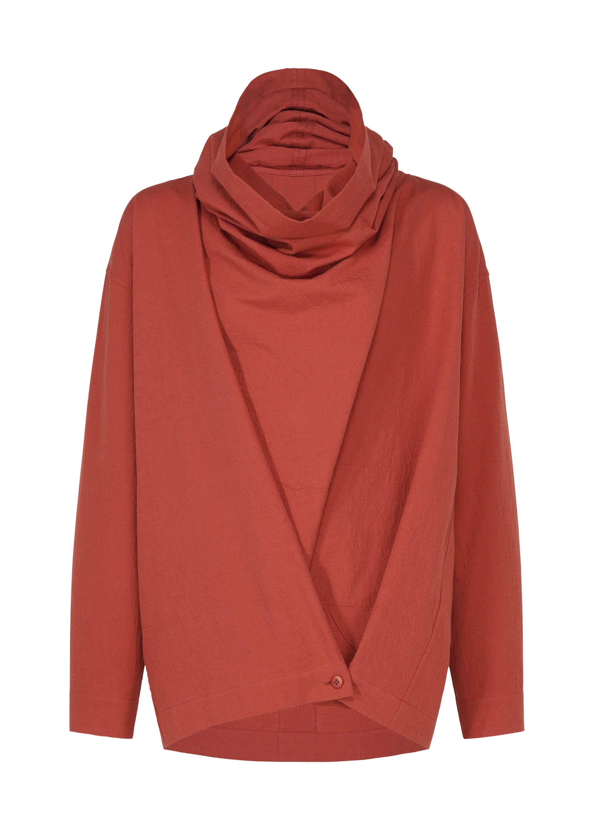 Zoomed view The COTTON YAK shirt by IM MEN features a rust red hue, long sleeves, and a loose fit. Crafted from luxurious cotton yak fabric, it showcases a draped cowl neck and an asymmetrical front closure secured by a single button at the hem. Part of the IM MEN Autumn Winter 2026/27 collection.