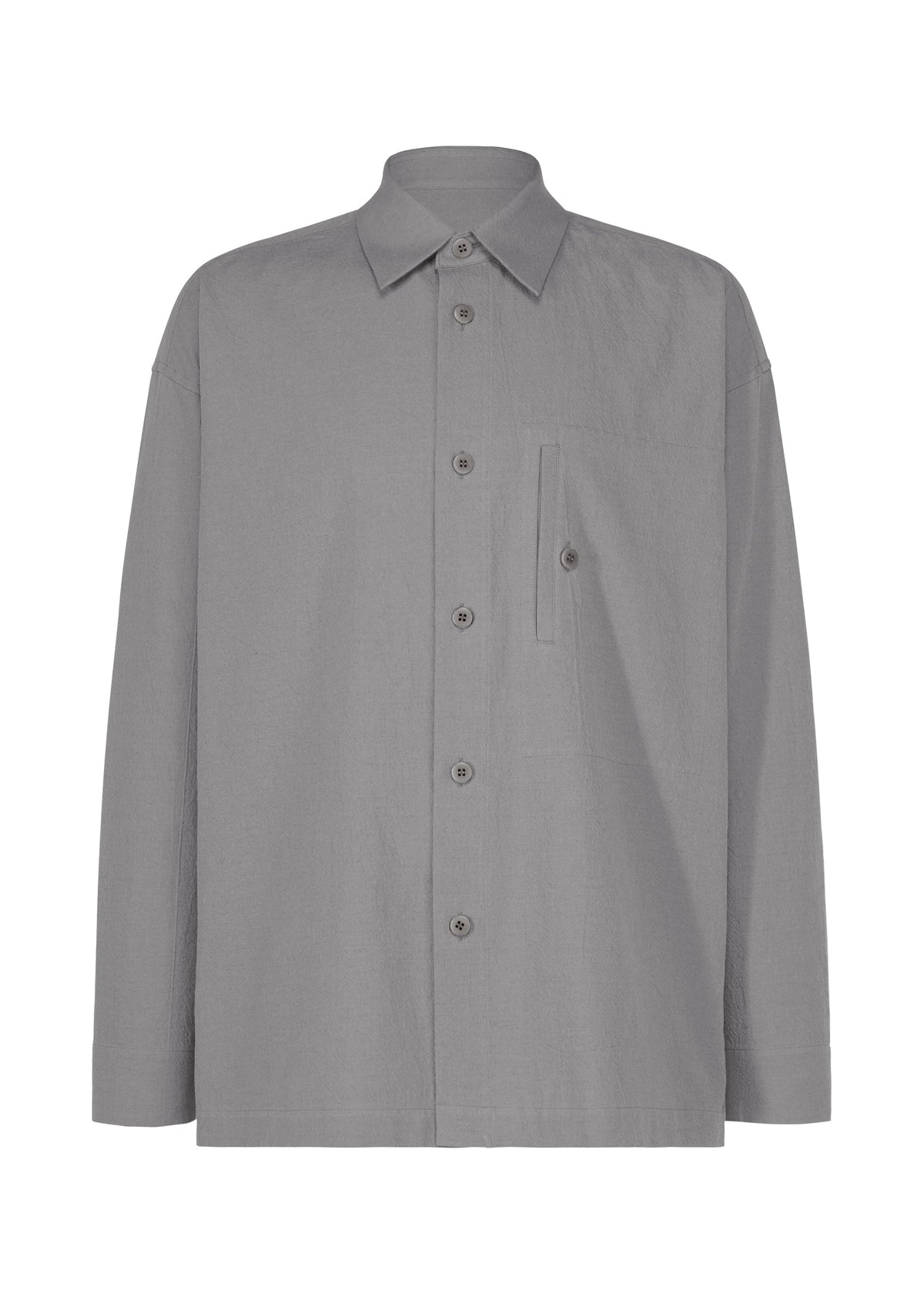 The IM MEN COTTON YAK shirt is a gray long-sleeve button-up with a collar and a single buttoned chest pocket, crafted from a cotton yak blend for a natural texture, displayed against a white background. view 1 of 9