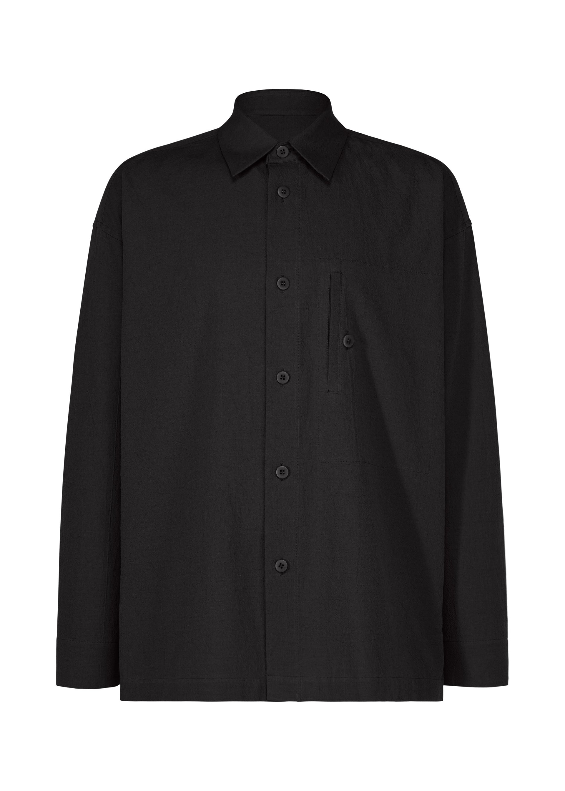 Zoomed view The IM MEN COTTON YAK shirt is a long-sleeve, button-up black collared top made from cotton yak fabric, featuring a small chest pocket and highlighting its natural texture against a plain white background. - BLACK （no.15）