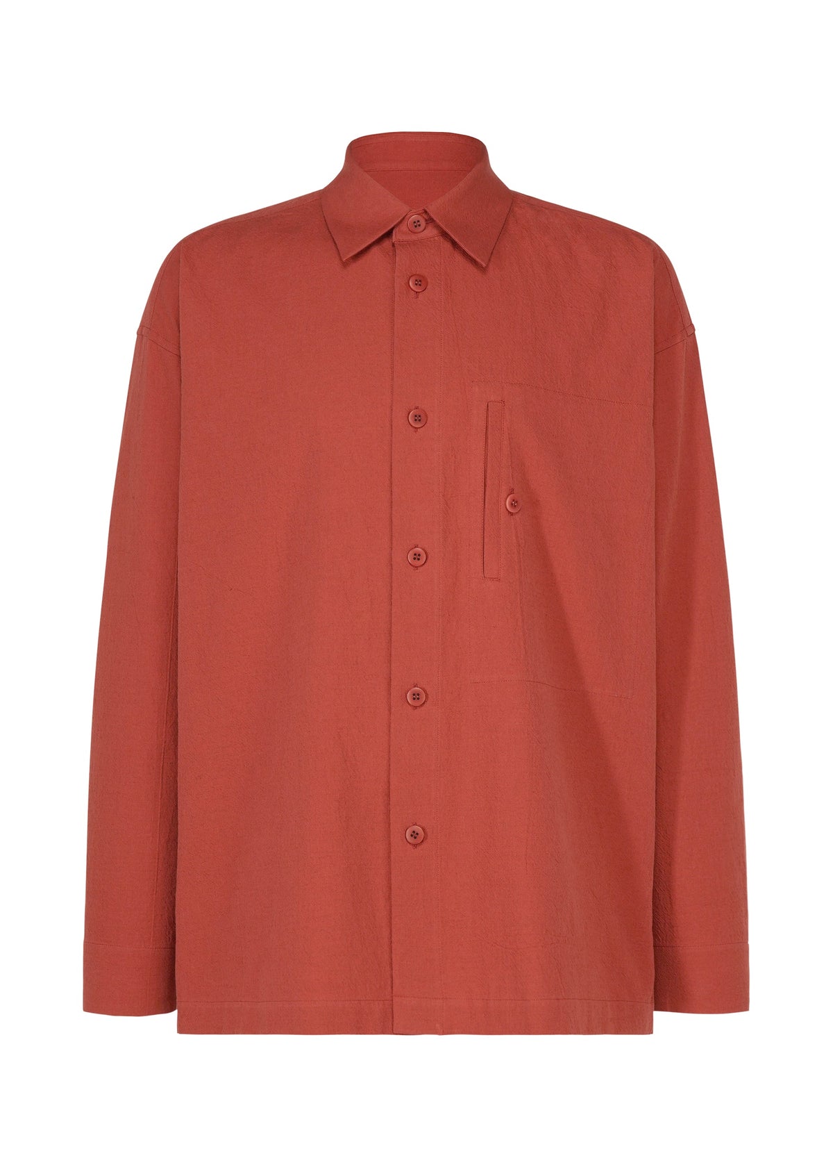 IM MEN COTTON YAK shirt in a rust hue, featuring long sleeves, a collared neckline, and a single chest pocket. Crafted from cotton yak fabric that highlights its natural texture, the shirt is displayed against a plain white background. view 3 of 9