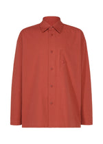 IM MEN COTTON YAK shirt in a rust hue, featuring long sleeves, a collared neckline, and a single chest pocket. Crafted from cotton yak fabric that highlights its natural texture, the shirt is displayed against a plain white background. - RED （no.24）