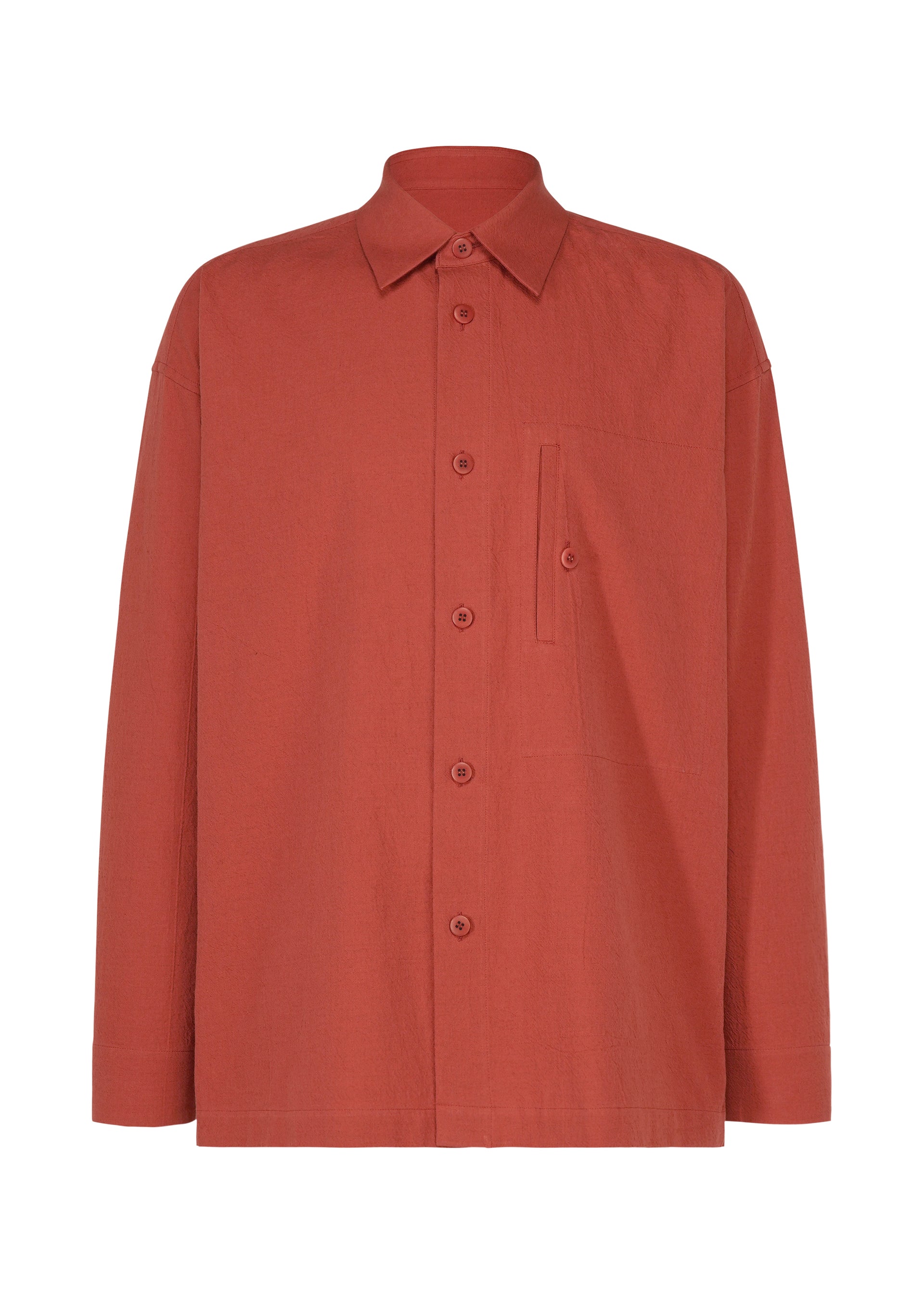 Zoomed view IM MEN COTTON YAK shirt in a rust hue, featuring long sleeves, a collared neckline, and a single chest pocket. Crafted from cotton yak fabric that highlights its natural texture, the shirt is displayed against a plain white background. - RED （no.24）