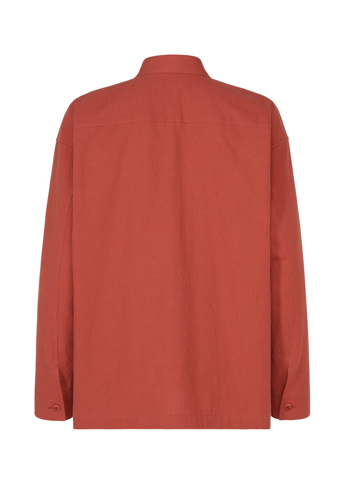 A back view of the IM MEN COTTON YAK long-sleeved shirt in rust highlights its collar, buttoned cuffs, and natural cotton yak texture against a white background. view 4 of 9