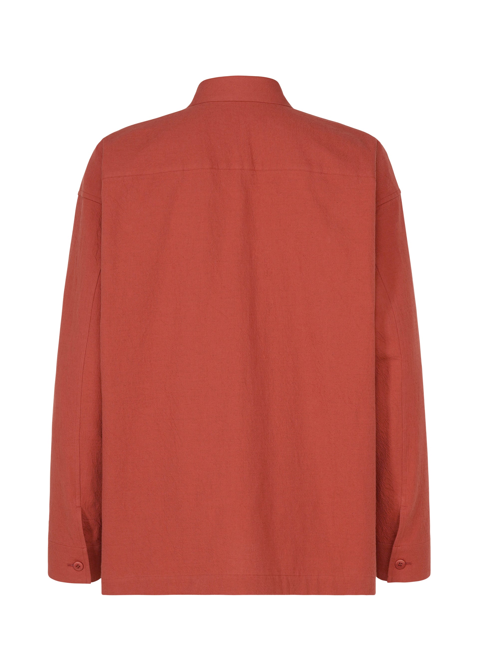 Zoomed view A back view of the IM MEN COTTON YAK long-sleeved shirt in rust highlights its collar, buttoned cuffs, and natural cotton yak texture against a white background.