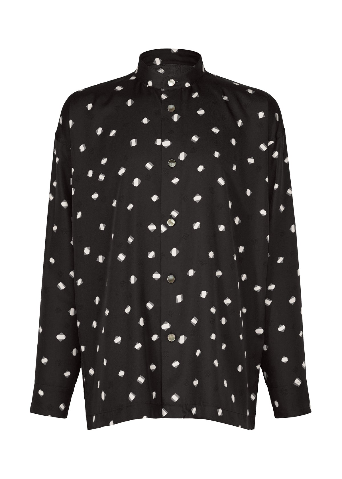The MERRY SATIN SHIRT by IM MEN is a black, long-sleeve button-up featuring a mandarin collar and a striking white geometric polka dot pattern, inspired by the sophisticated style of the IM MEN Autumn Winter 2026/27 collection. view 1 of 9