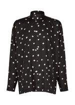 The MERRY SATIN SHIRT by IM MEN is a black, long-sleeve button-up featuring a mandarin collar and a striking white geometric polka dot pattern, inspired by the sophisticated style of the IM MEN Autumn Winter 2026/27 collection. - BLACK （no.15）