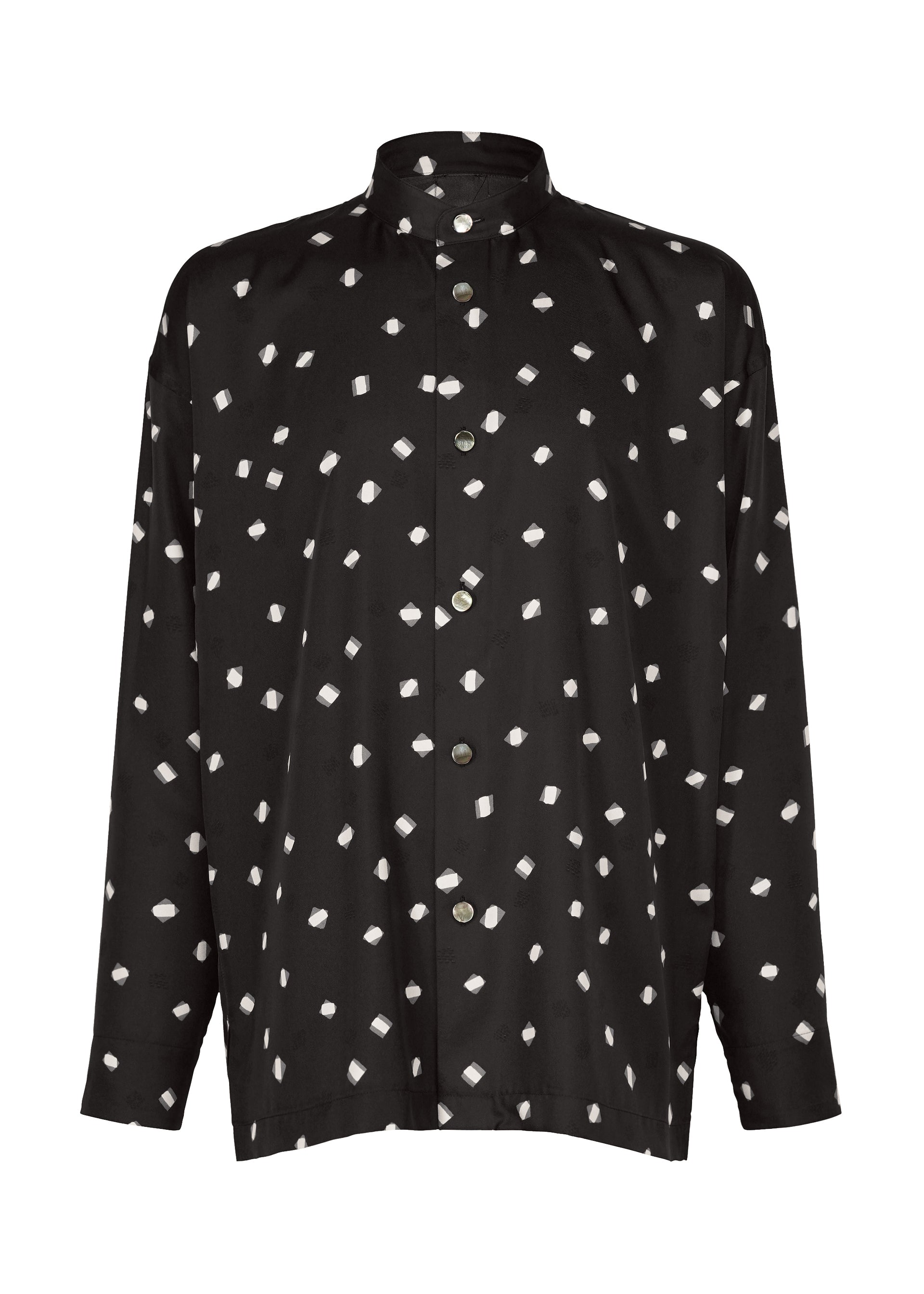 Zoomed view The MERRY SATIN SHIRT by IM MEN is a black, long-sleeve button-up featuring a mandarin collar and a striking white geometric polka dot pattern, inspired by the sophisticated style of the IM MEN Autumn Winter 2026/27 collection. - BLACK （no.15）
