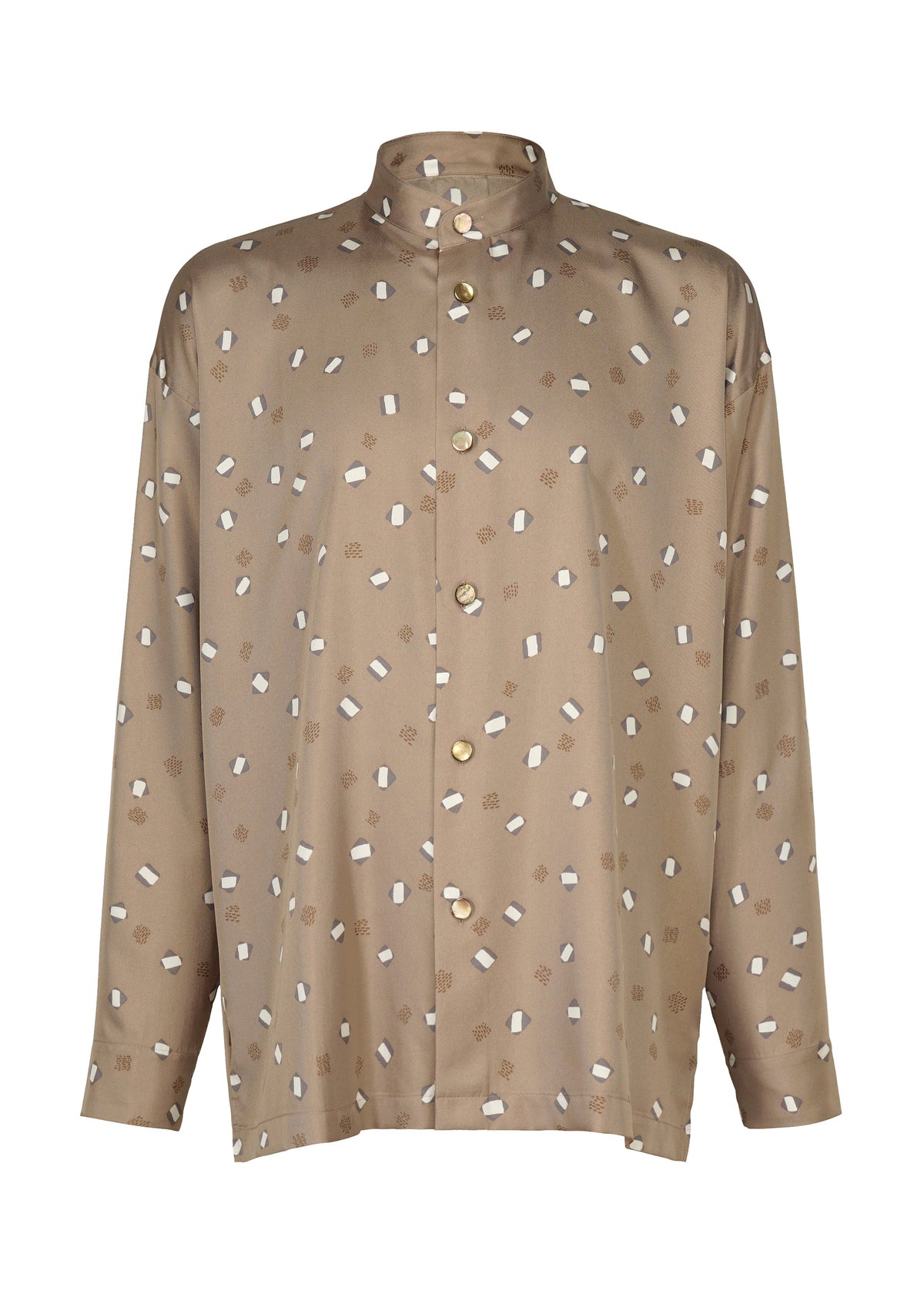 Discover the MERRY SATIN SHIRT by IM MEN, a light brown, long-sleeved button-up featuring a modern mandarin collar and a scattered pattern of small white and brown geometric shapes. Inspired by the IM MEN Autumn Winter 2026/27 collection, this satin stand-up collar shirt brings a contemporary edge to classic tailoring. view 3 of 9