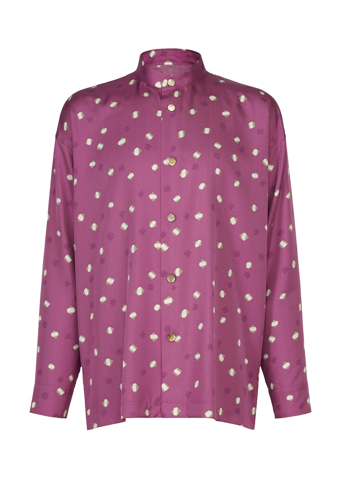 Introducing the MERRY SATIN SHIRT from IM MEN—a long-sleeve, button-up shirt crafted in a lustrous magenta satin and accented with a stand-up collar. This elevated take on the necktie print features an all-over scattered pattern of small white and beige geometric shapes, debuting as part of the IM MEN Autumn Winter 2026/27 collection. view 2 of 9