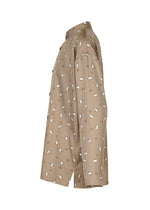 Side view of the MERRY SATIN SHIRT by IM MEN, a brown, long-sleeve shirt with a white and beige geometric necktie print inspired by the brand’s Autumn Winter 2026/27 collection, featuring a sleek satin stand-up collar, shown against a plain white background.