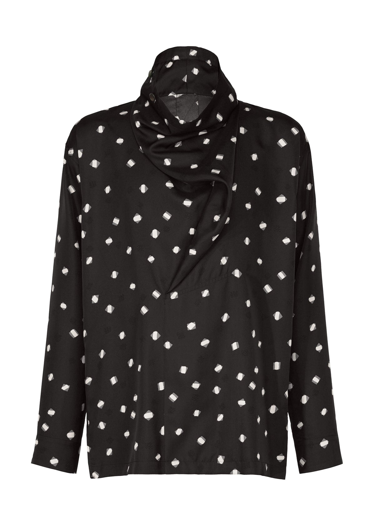 The MERRY SATIN SHIRT by IM MEN is a black, long-sleeve blouse featuring a white geometric dot pattern and an attached matching scarf that drapes elegantly around the neckline. view 1 of 9