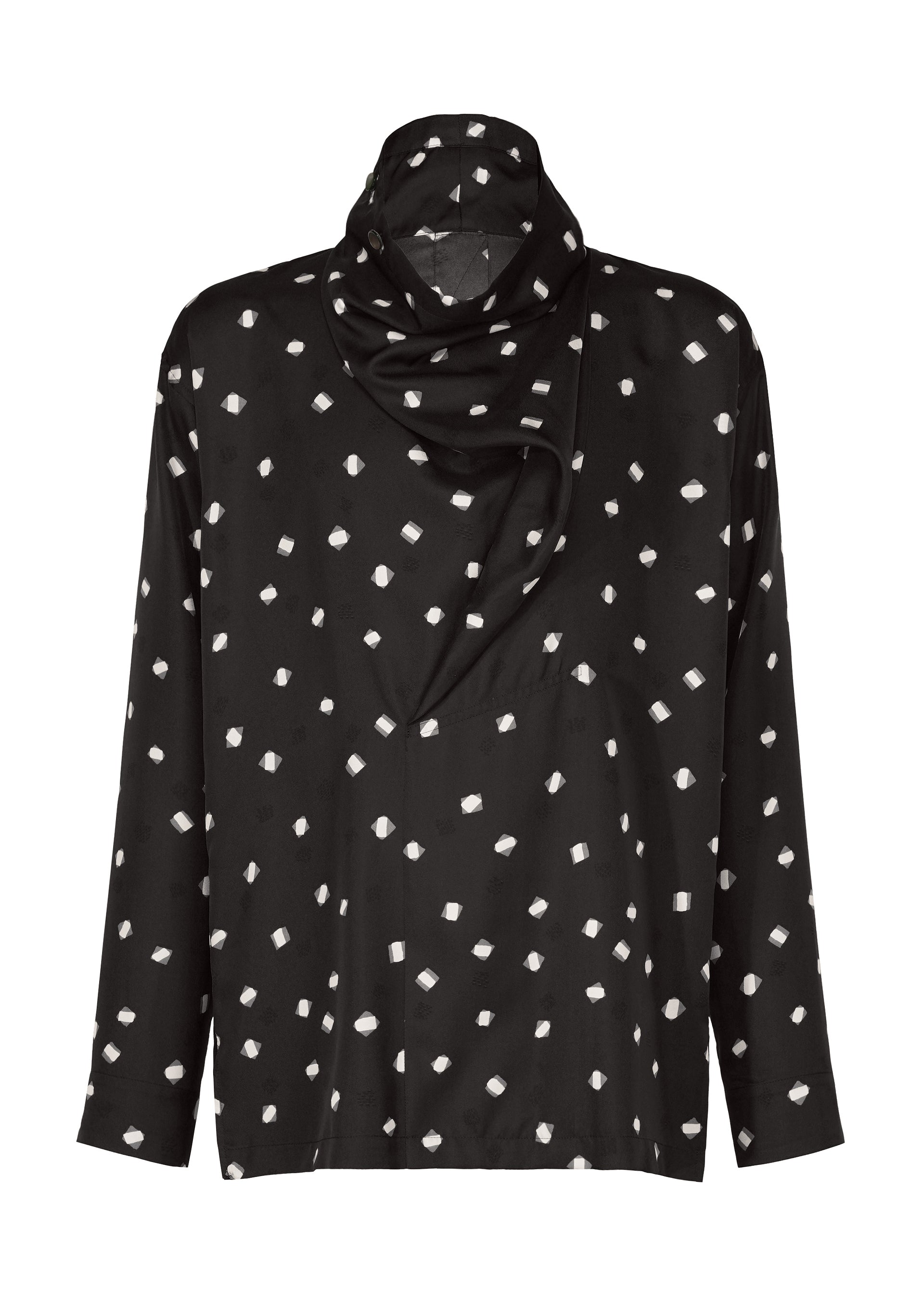 Zoomed view The MERRY SATIN SHIRT by IM MEN is a black, long-sleeve blouse featuring a white geometric dot pattern and an attached matching scarf that drapes elegantly around the neckline. - BLACK （no.15）