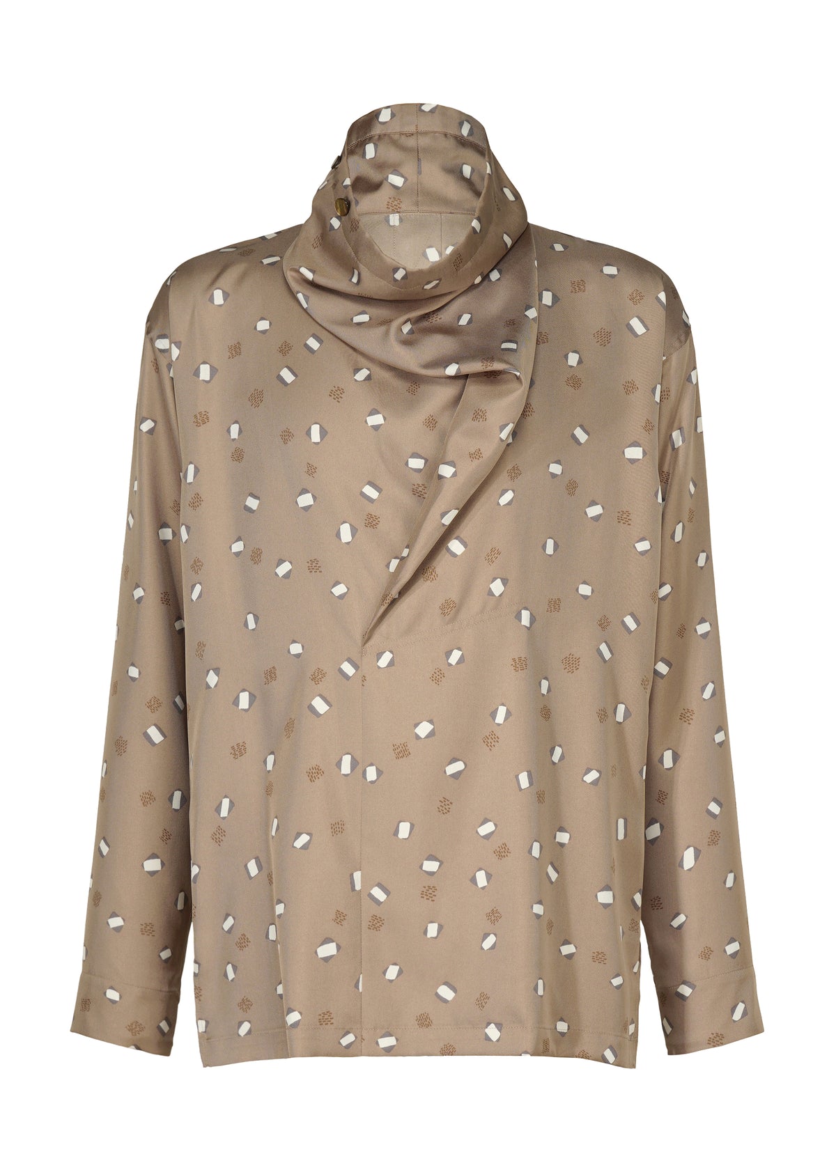 The MERRY SATIN SHIRT by IM MEN is a beige, long-sleeve satin shirt with an asymmetrical scarf-style draped collar and an abstract white and brown square pattern. view 2 of 9