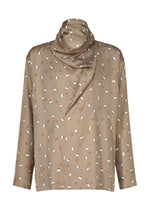 The MERRY SATIN SHIRT by IM MEN is a beige, long-sleeve satin shirt with an asymmetrical scarf-style draped collar and an abstract white and brown square pattern. - BEIGE （no.41）