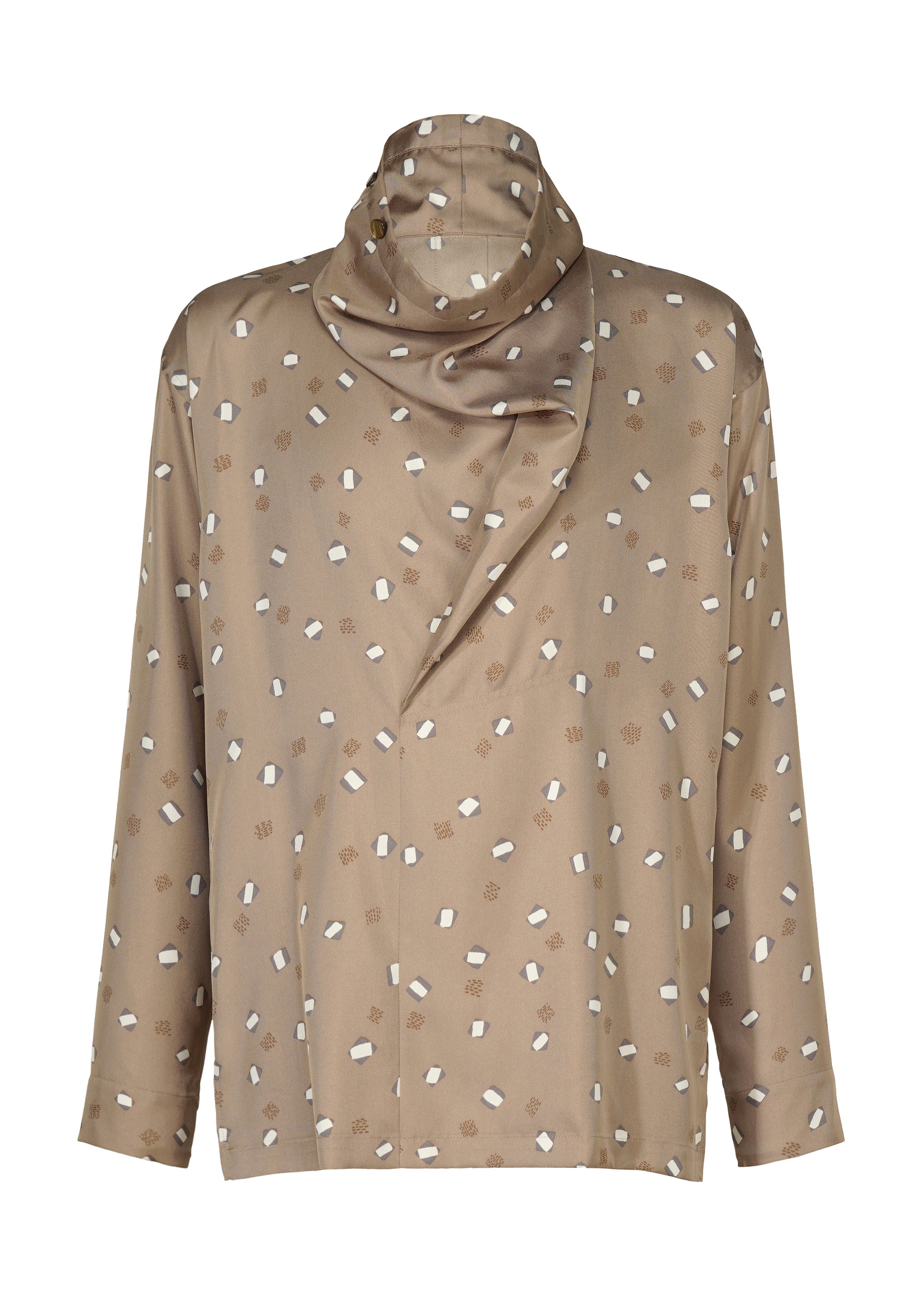 Zoomed view The MERRY SATIN SHIRT by IM MEN is a beige, long-sleeve satin shirt with an asymmetrical scarf-style draped collar and an abstract white and brown square pattern. - BEIGE （no.41）