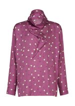 The MERRY SATIN SHIRT by IM MEN is a long-sleeve magenta satin shirt showcasing a white geometric print and an asymmetrical scarf drape collar. - PURPLE （no.81）