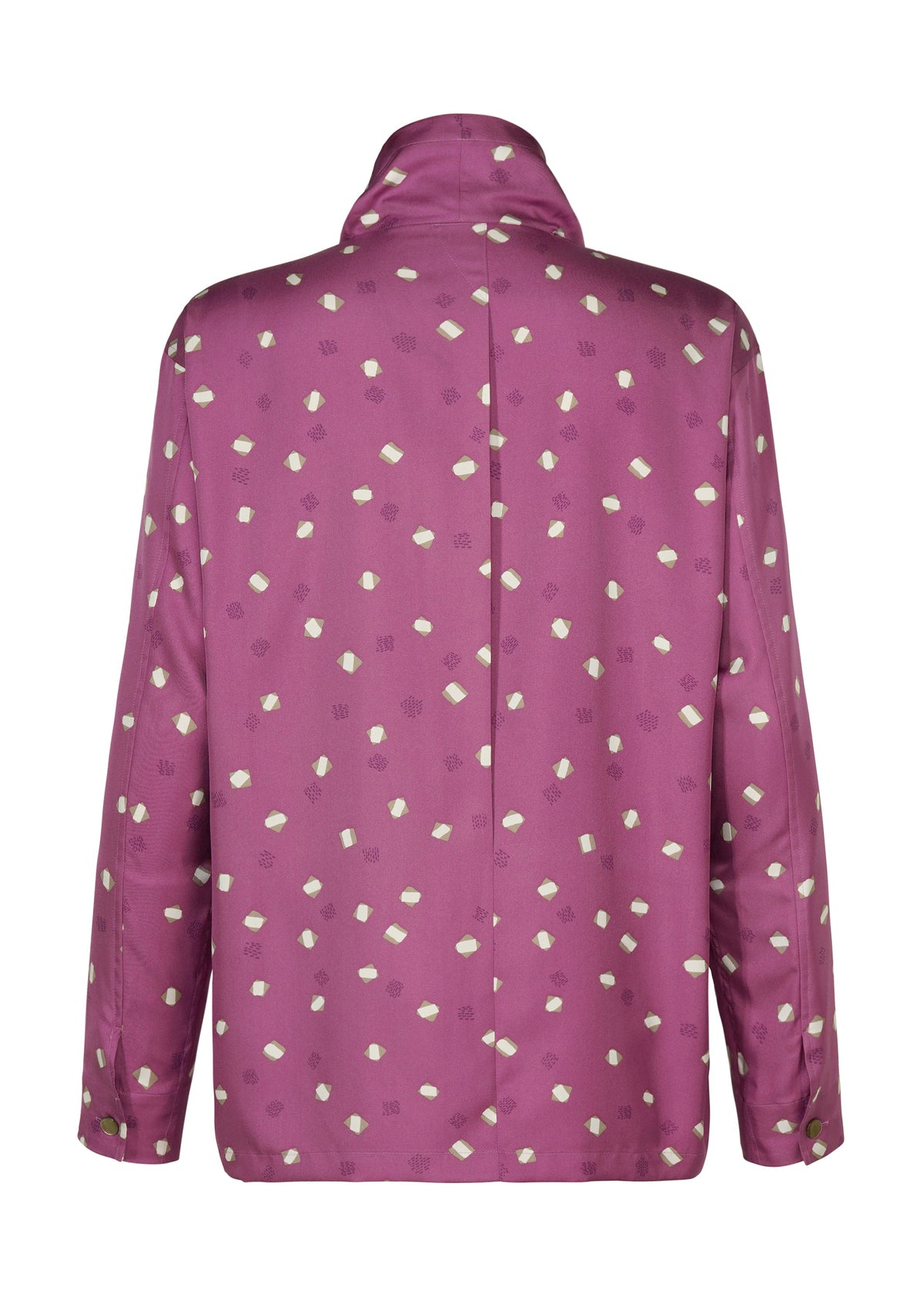 The IM MEN MERRY SATIN SHIRT is a long-sleeve, magenta satin shirt with a subtle sheen and scattered white geometric pattern. Shown from the back against a white background, it features an elegant scarf drape detail. view 4 of 9