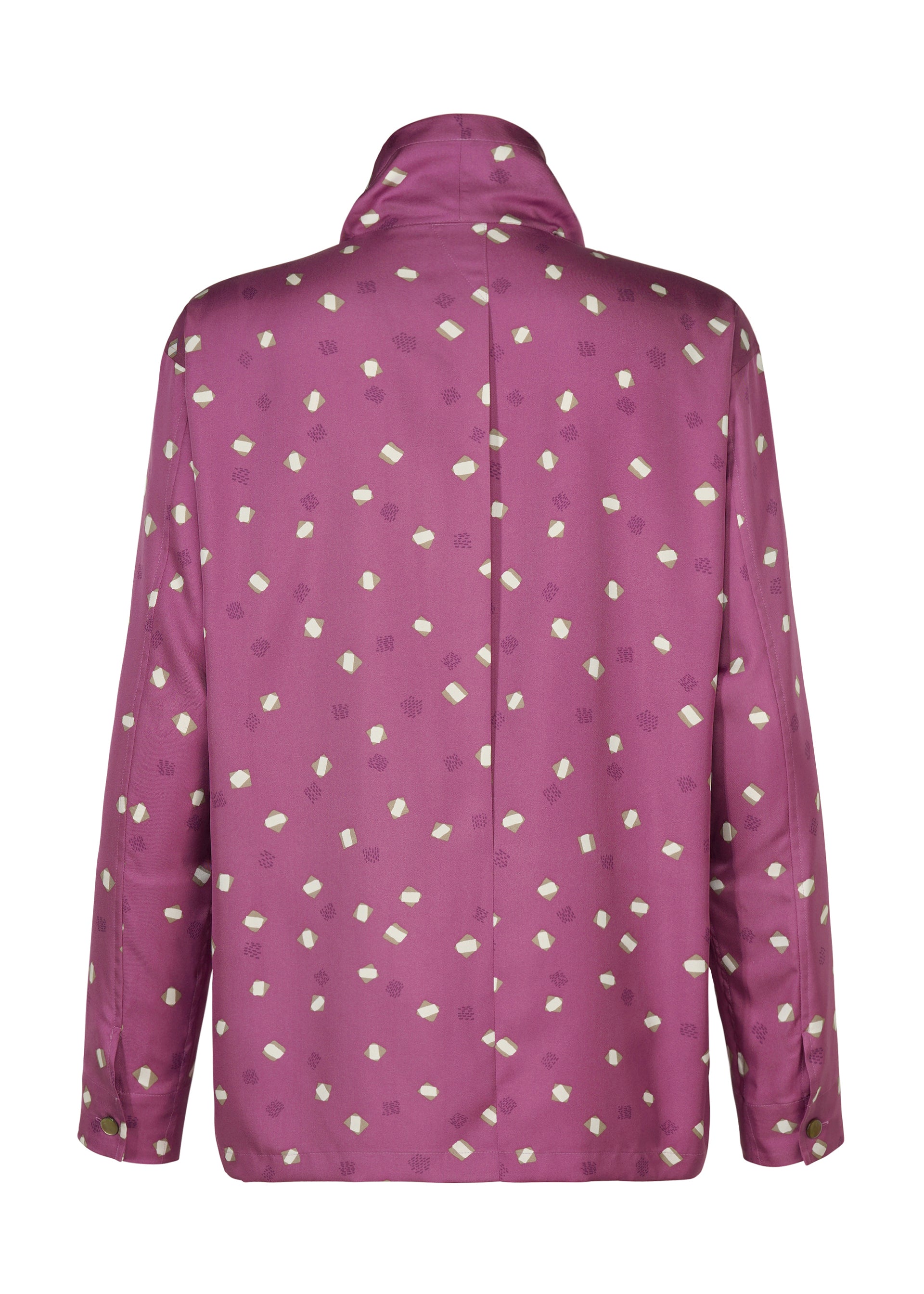 Zoomed view The IM MEN MERRY SATIN SHIRT is a long-sleeve, magenta satin shirt with a subtle sheen and scattered white geometric pattern. Shown from the back against a white background, it features an elegant scarf drape detail.