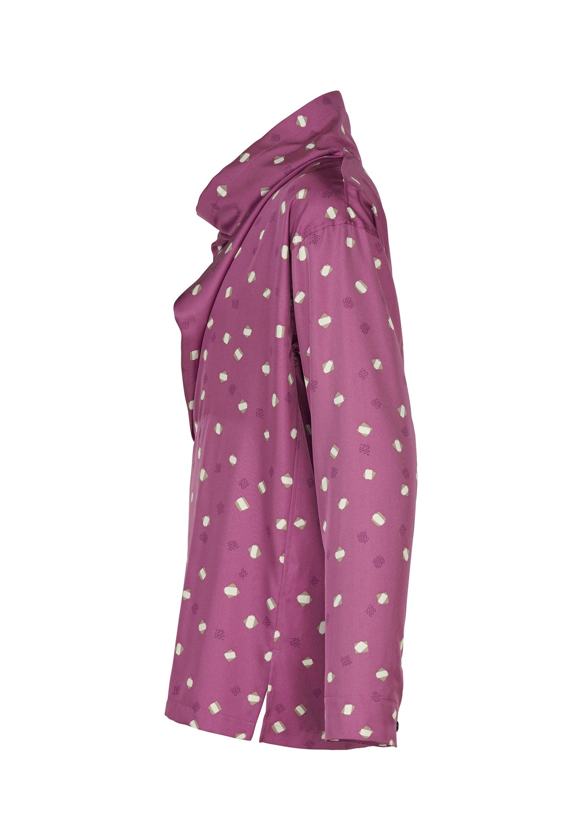 Side view of the IM MEN “MERRY SATIN SHIRT,” a magenta long-sleeve blouse with a loose collar and white polka dot pattern. This shirt features a straight hem, visible back seam, and a subtle scarf drape detail for added elegance. view 5 of 9