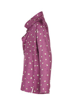 Side view of the IM MEN “MERRY SATIN SHIRT,” a magenta long-sleeve blouse with a loose collar and white polka dot pattern. This shirt features a straight hem, visible back seam, and a subtle scarf drape detail for added elegance.