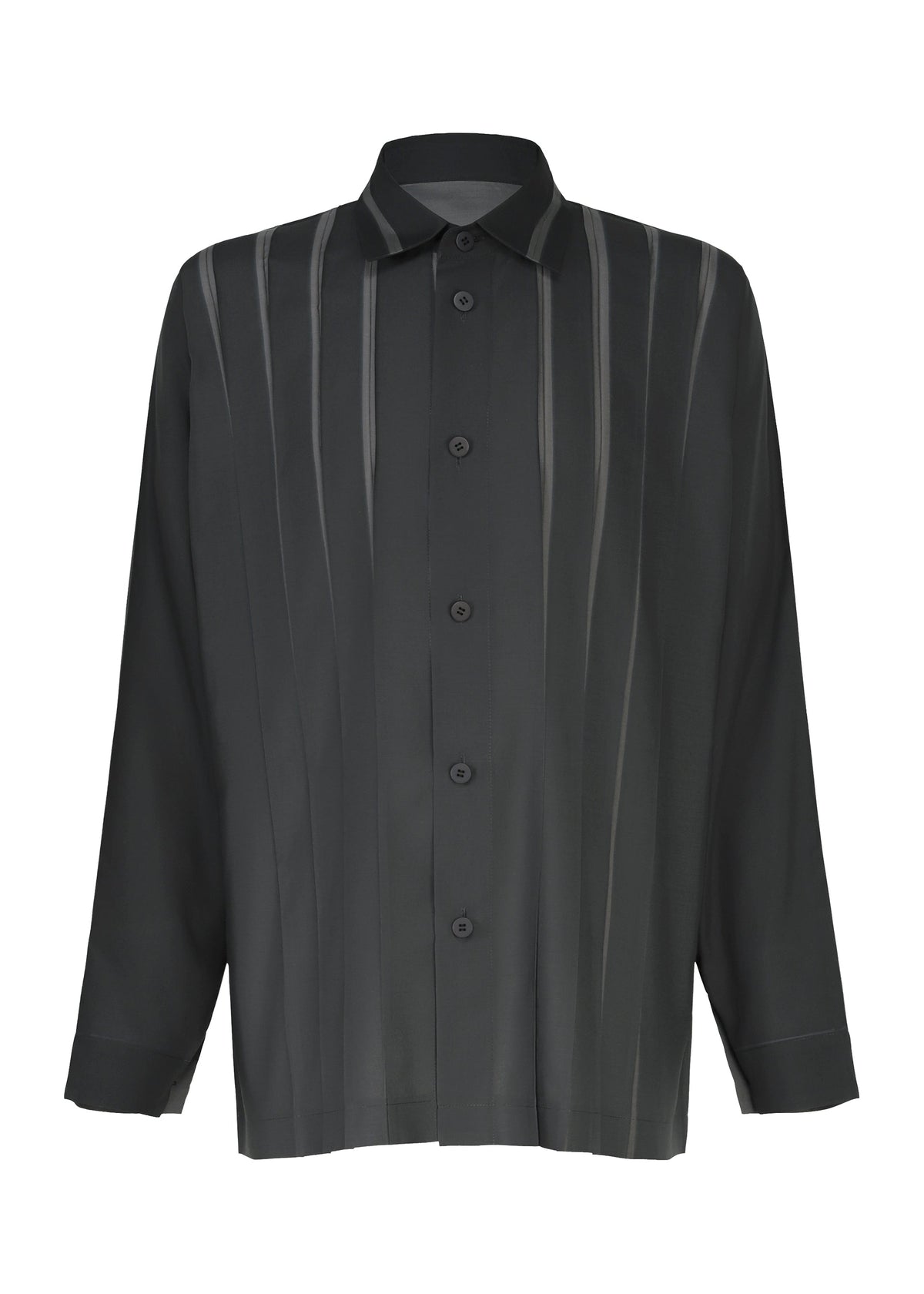 The DAWN RAY SHIRT from IM MEN is a black, long-sleeve, button-up shirt with a collar and subtle vertical stripes featuring a refined gradation pattern, displayed on a plain white background. view 1 of 8