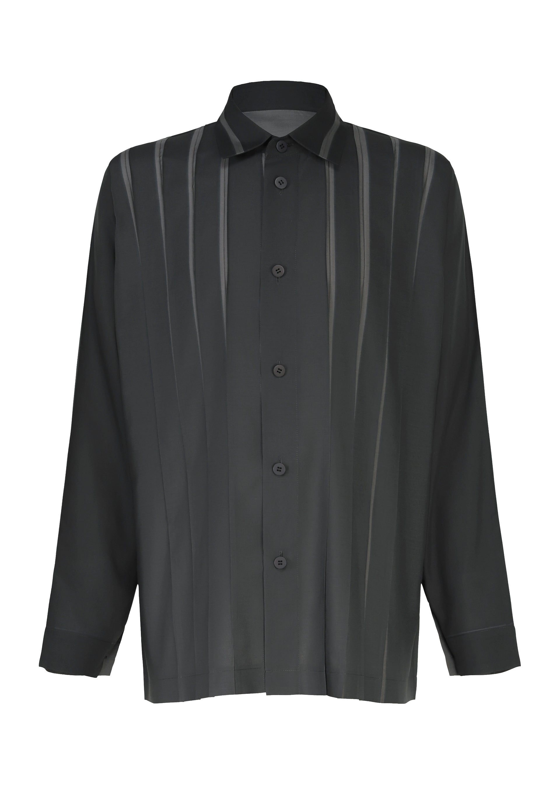 Zoomed view The DAWN RAY SHIRT from IM MEN is a black, long-sleeve, button-up shirt with a collar and subtle vertical stripes featuring a refined gradation pattern, displayed on a plain white background. - BLACK （no.15）