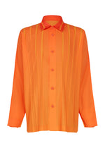 The DAWN RAY SHIRT by IM MEN is a long-sleeve, button-up orange shirt featuring a subtle gradation pattern of vertical stripes and a classic collar, shown against a plain white background. - ORANGE （no.32）
