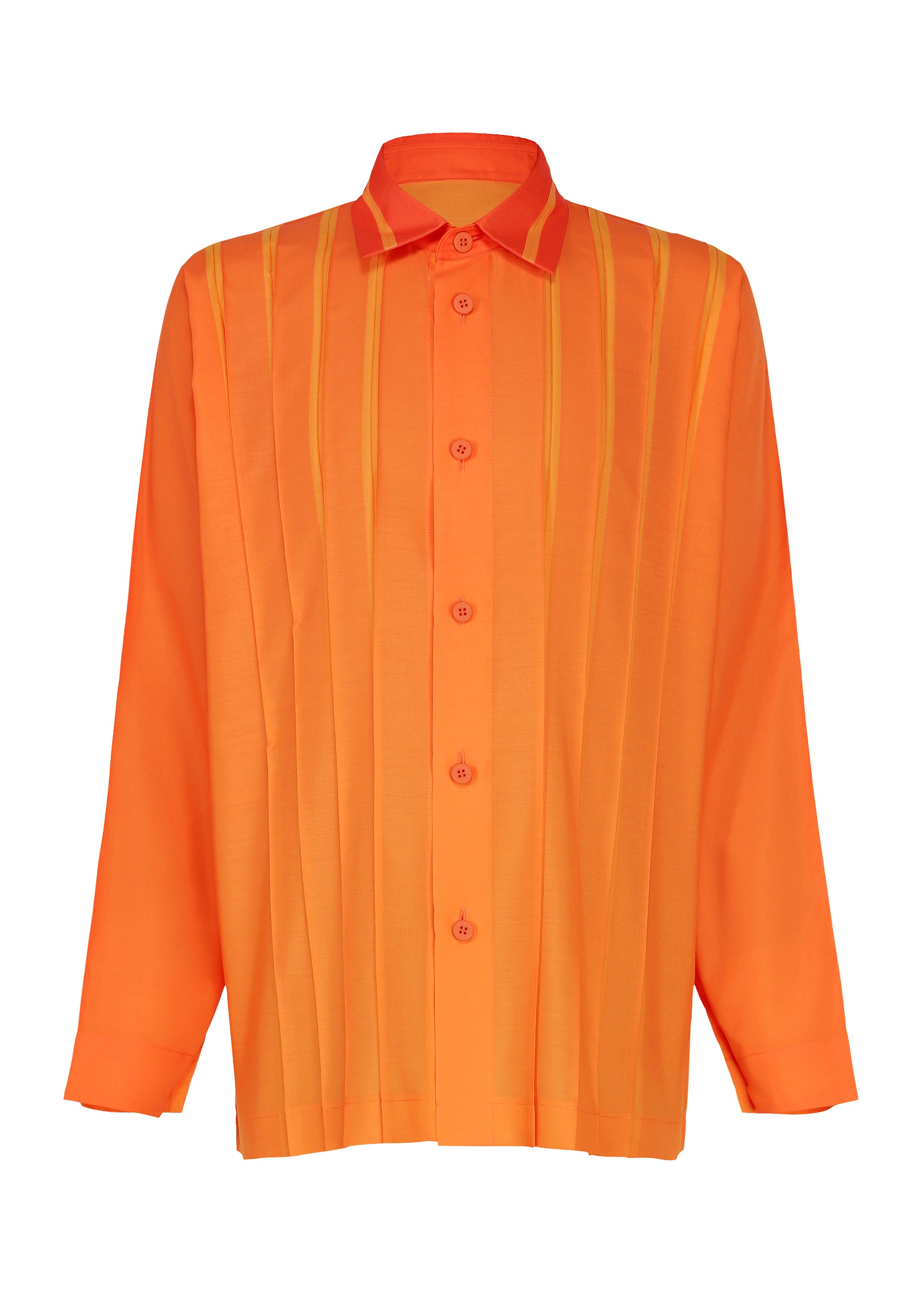 Zoomed view The DAWN RAY SHIRT by IM MEN is a long-sleeve, button-up orange shirt featuring a subtle gradation pattern of vertical stripes and a classic collar, shown against a plain white background. - ORANGE （no.32）