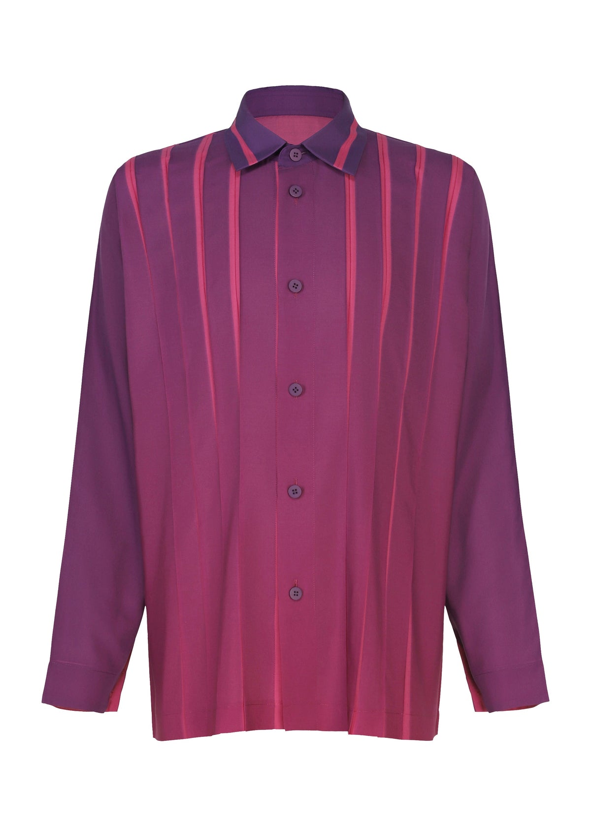 The DAWN RAY SHIRT by IM MEN is a long-sleeved, button-up pleated shirt in shades of purple and pink, featuring a collar and vertical striped patterns on the front, enriched with a subtle gradation effect for added visual appeal. view 3 of 8