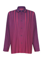The DAWN RAY SHIRT by IM MEN is a long-sleeved, button-up pleated shirt in shades of purple and pink, featuring a collar and vertical striped patterns on the front, enriched with a subtle gradation effect for added visual appeal. - PURPLE （no.81）