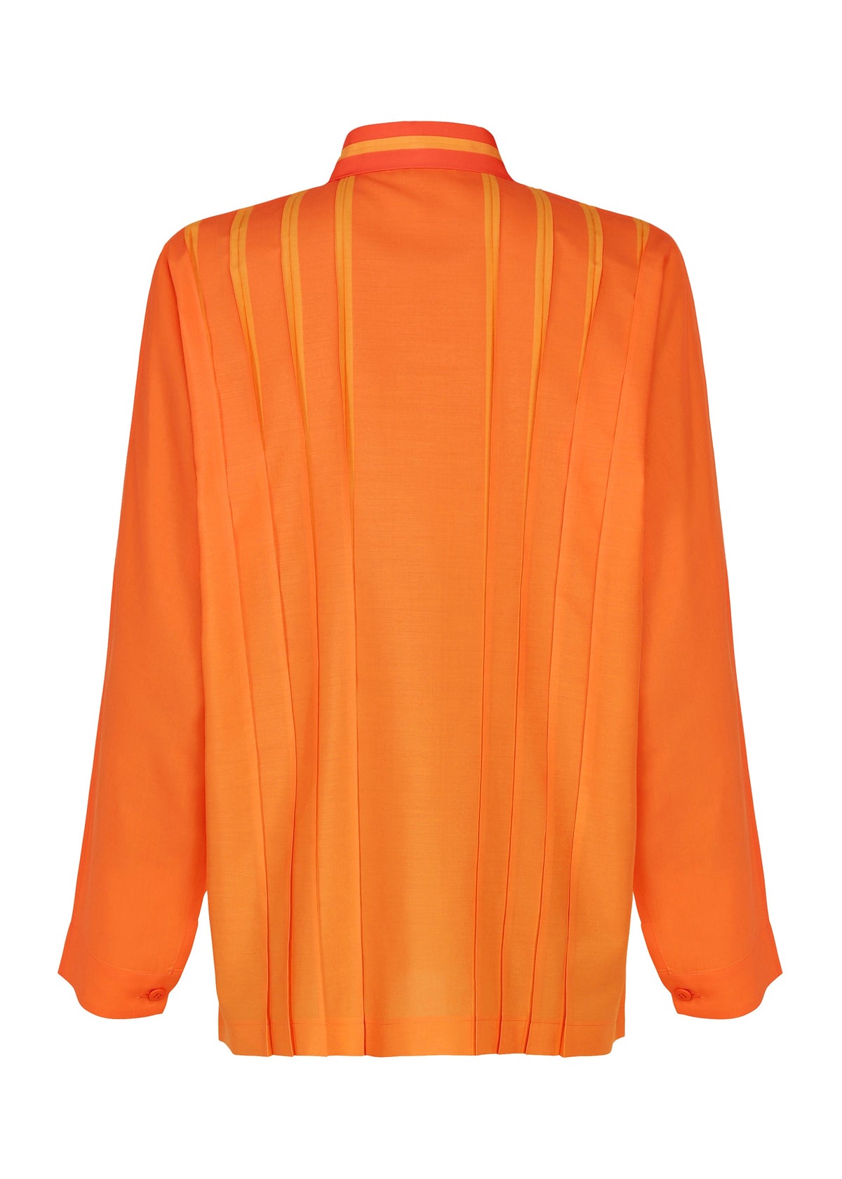 Back view of the DAWN RAY SHIRT by IM MEN in orange, showcasing vertical pleats flowing from the shoulders. This lightweight, slightly sheer blouse features a collar, buttoned cuffs, and a subtle gradation pattern throughout the fabric. view 4 of 8