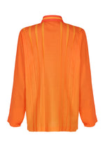 Back view of the DAWN RAY SHIRT by IM MEN in orange, showcasing vertical pleats flowing from the shoulders. This lightweight, slightly sheer blouse features a collar, buttoned cuffs, and a subtle gradation pattern throughout the fabric.