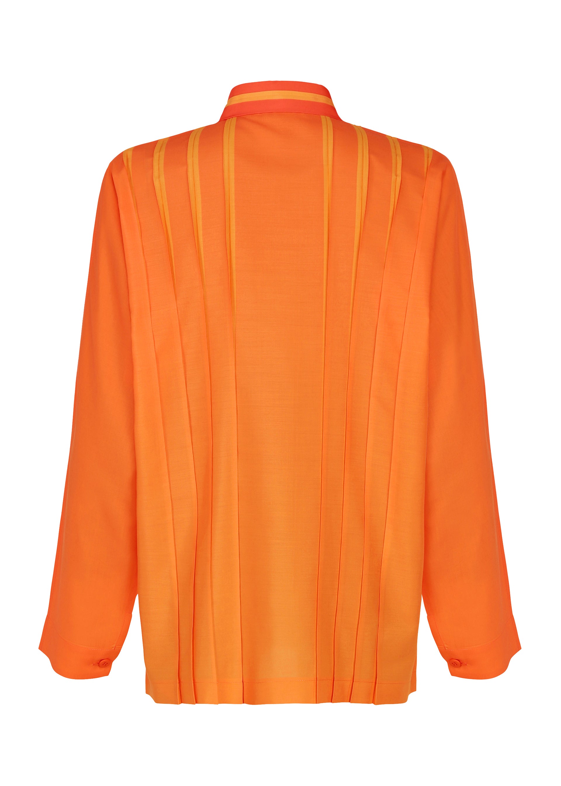 Zoomed view Back view of the DAWN RAY SHIRT by IM MEN in orange, showcasing vertical pleats flowing from the shoulders. This lightweight, slightly sheer blouse features a collar, buttoned cuffs, and a subtle gradation pattern throughout the fabric.