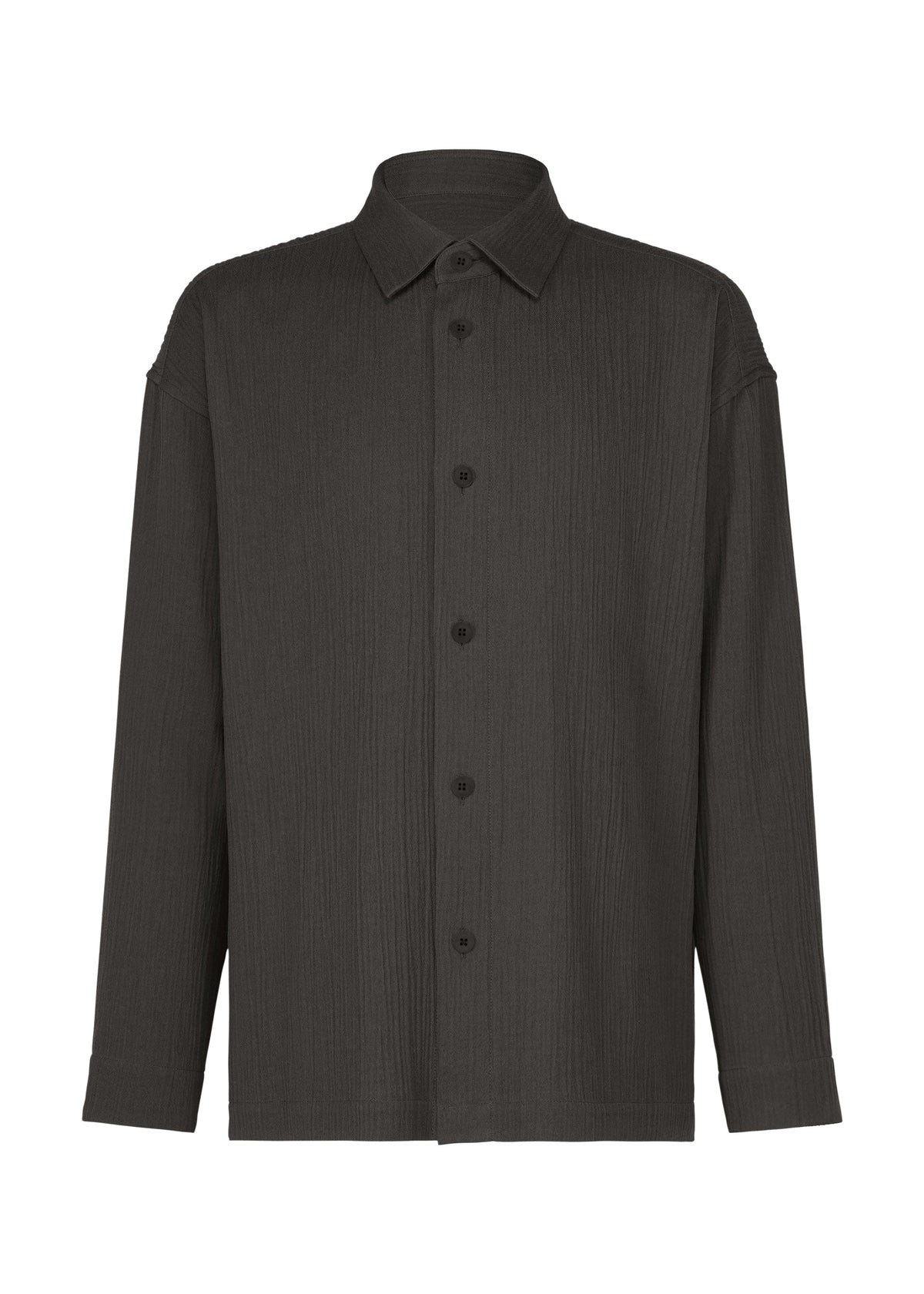 Zoomed view IM MEN DOUBLE WEAVE CREPE: A long-sleeve black button-up shirt made from double-weave cotton with a subtle creased texture, collar, and cuffed sleeves, shown on a plain white background. - CHARCOAL GRAY （no.13）
