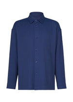 The IM MEN DOUBLE WEAVE CREPE is a deep blue, long-sleeved collared button-up shirt made from textured double-weave cotton with matching blue buttons, shown on a white background. - BLUE （no.72）