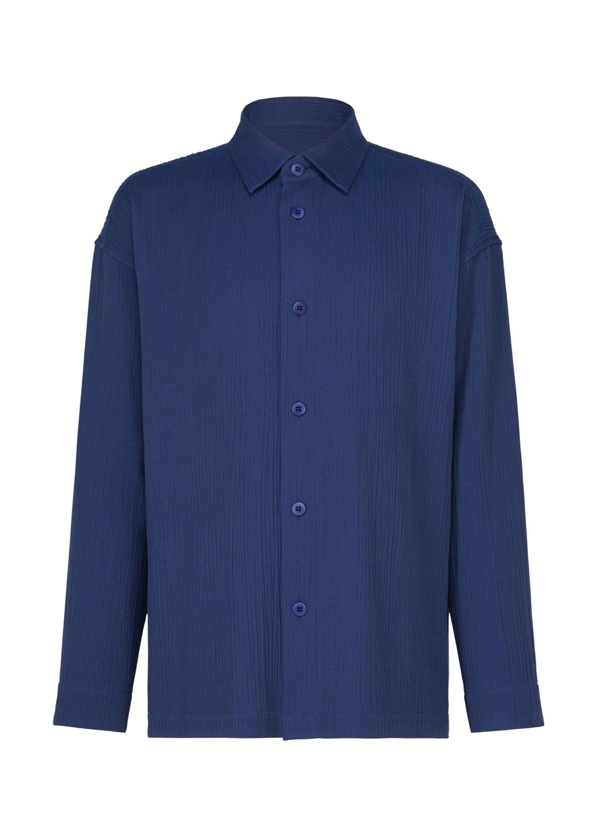 Zoomed view The IM MEN DOUBLE WEAVE CREPE is a deep blue, long-sleeved collared button-up shirt made from textured double-weave cotton with matching blue buttons, shown on a white background. - BLUE （no.72）