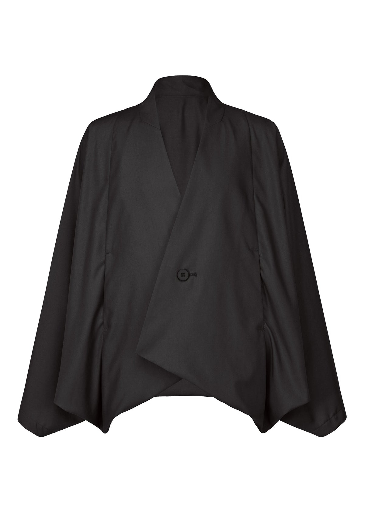 The SWING BLACK blazer by IM MEN is a modern, black asymmetrical jacket with a single button, wide sleeves, draped fit, and raised collar—perfect for minimalist, effortless style. view 1 of 7