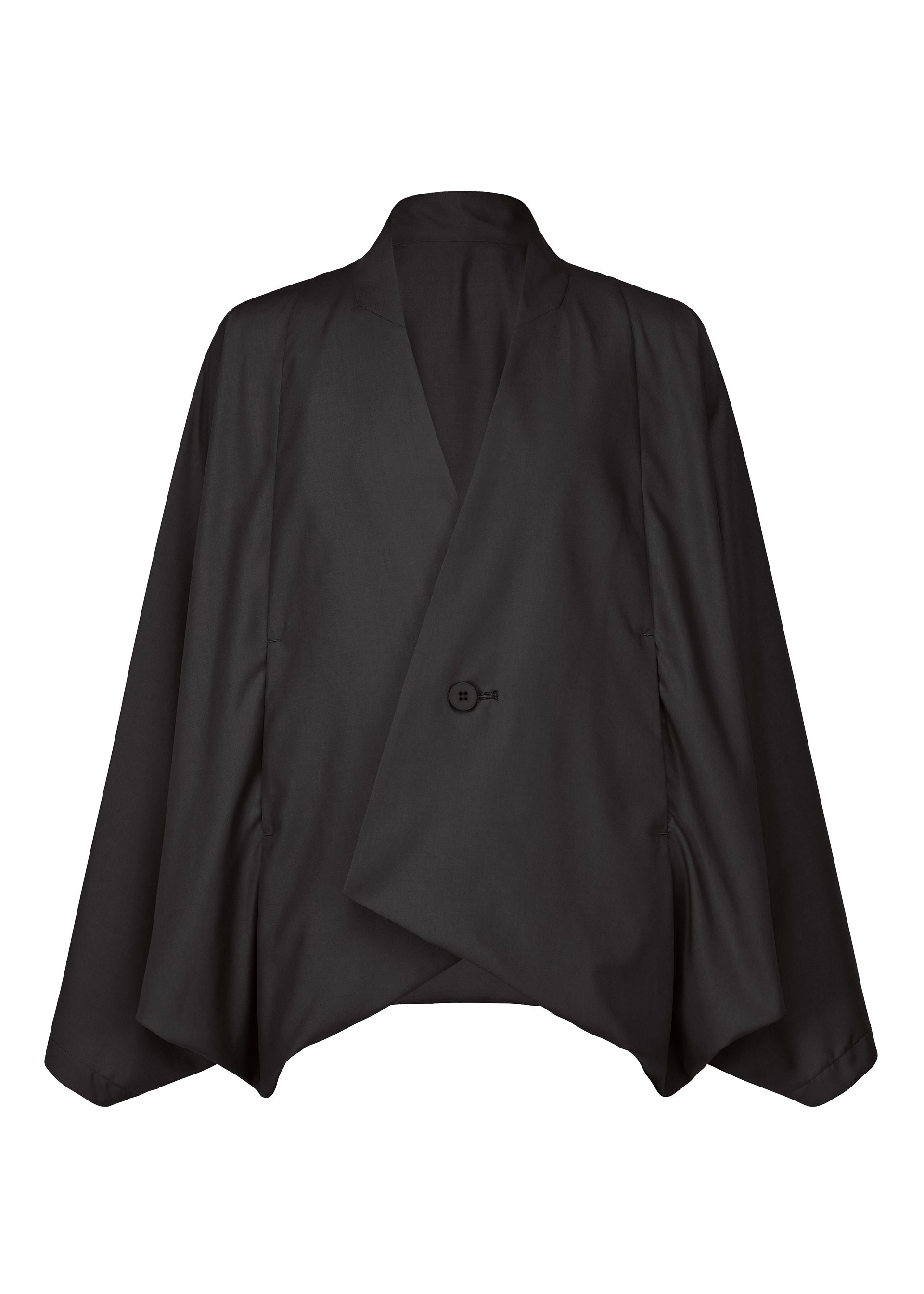 Zoomed view The SWING BLACK blazer by IM MEN is a modern, black asymmetrical jacket with a single button, wide sleeves, draped fit, and raised collar—perfect for minimalist, effortless style. - BLACK （no.15）