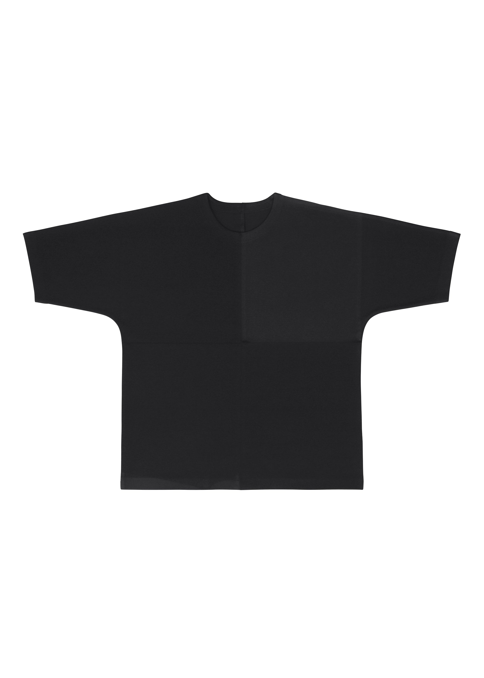 Zoomed view The FLAT T by IM MEN is a plain black oversized jersey T-shirt with wide, straight sleeves and a loose, boxy fit, shown laid flat on a white background.