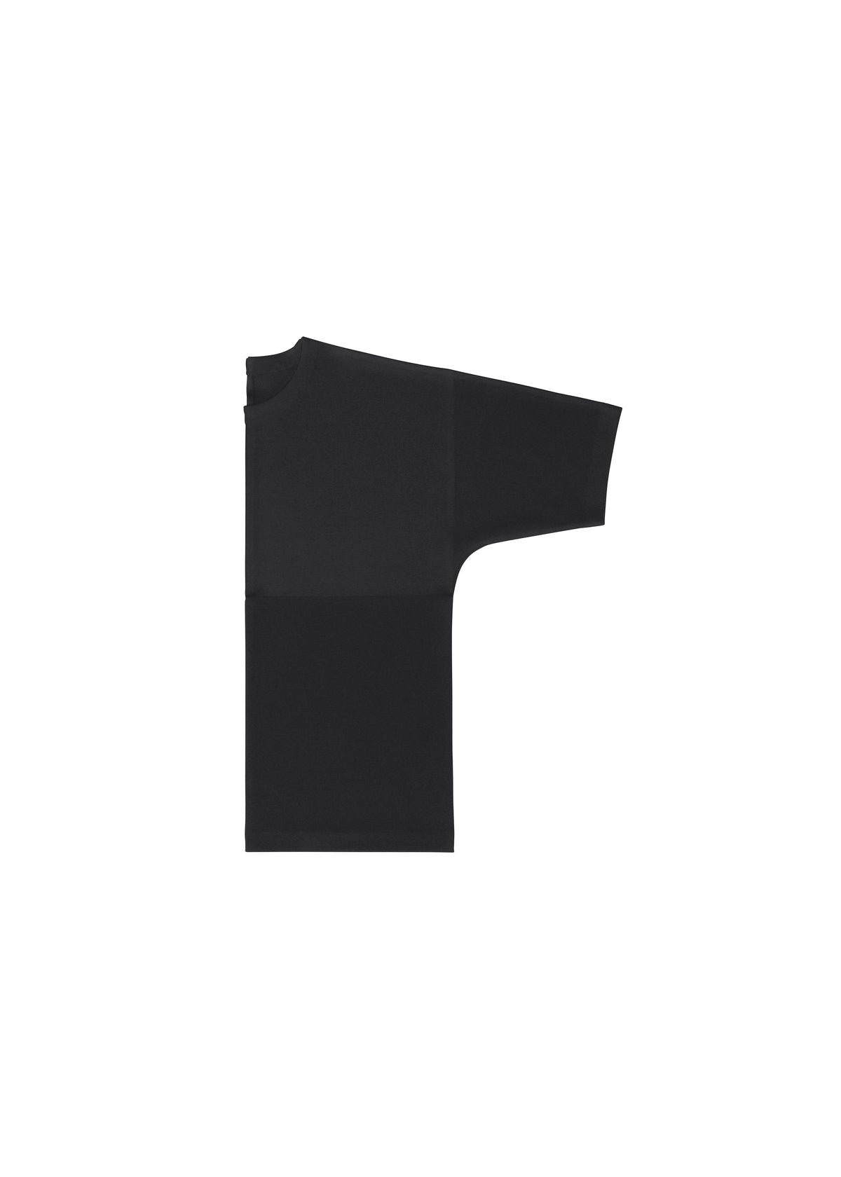 The FLAT T by IM MEN, a black pressed T-shirt, is laid flat and folded vertically to reveal its right sleeve and signature creases, highlighting the easy-care jersey fabric against a plain white background. view 5 of 9