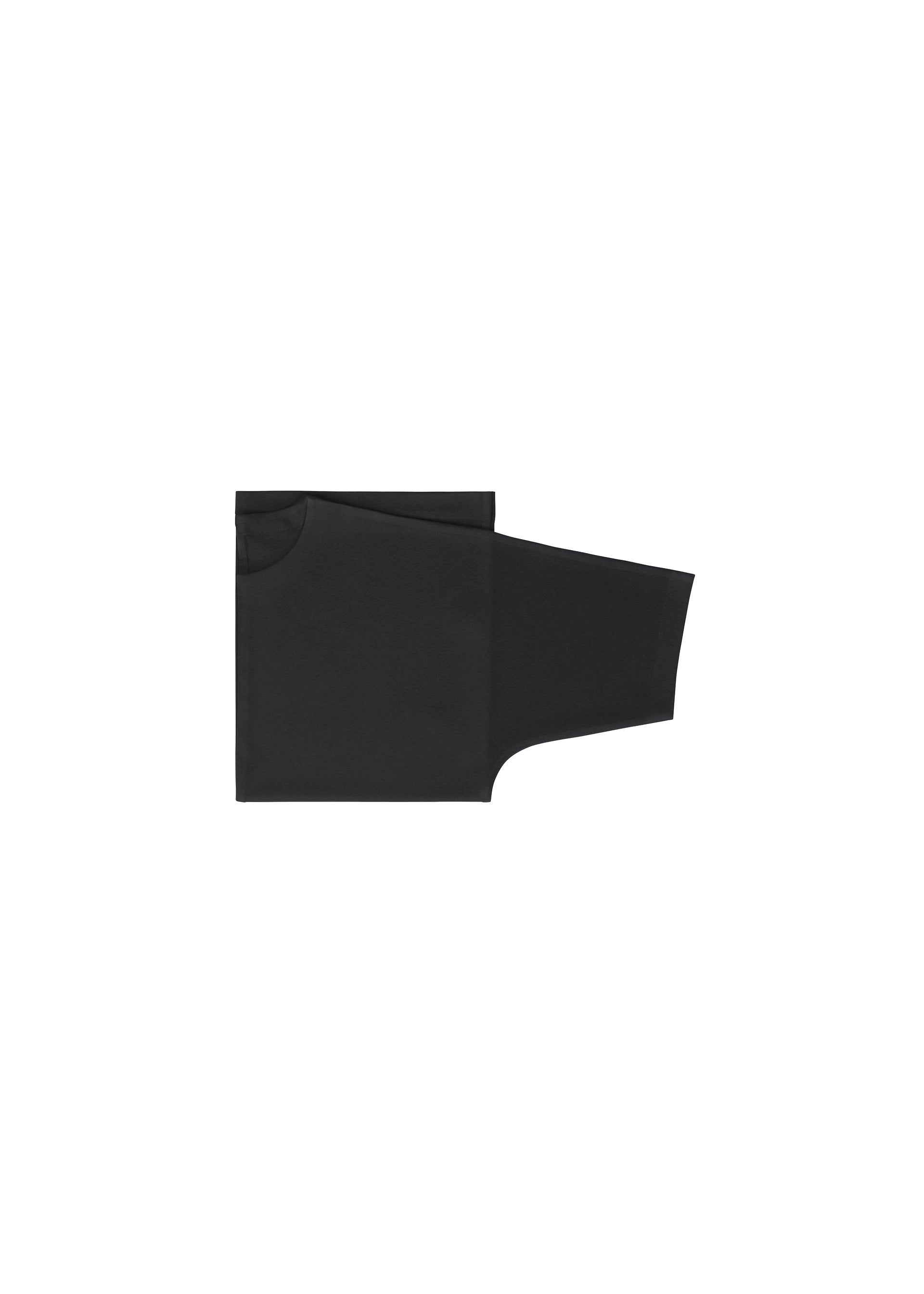 Zoomed view A neatly folded black FLAT T by IM MEN, with bold creases, is displayed on a white background, its folded sleeve extending to the right.