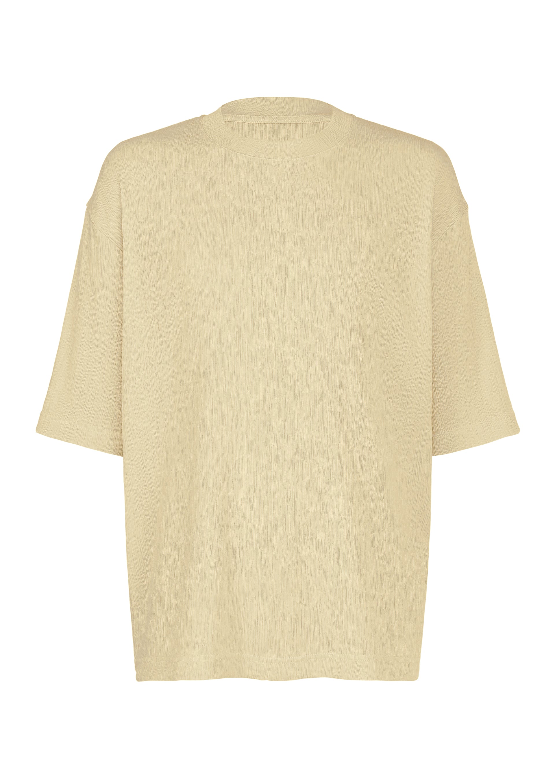 Zoomed view IM MEN CREPE TUCK JERSEY oversized t-shirt in beige, featuring short sleeves and a crew neck, displayed against a plain white background. Made from quick-drying jersey fabric, this shirt offers a minimalist design with no visible logos, patterns, or buttons. - LIGHT BEIGE （no.40）