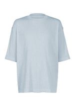 The CREPE TUCK JERSEY by IM MEN is a light blue oversized t-shirt with short sleeves and a round neckline, displayed against a white background. Crafted from soft jersey fabric, it features an all-over subtle textured pattern for enhanced style and comfort. - SAXE BLUE （no.78）