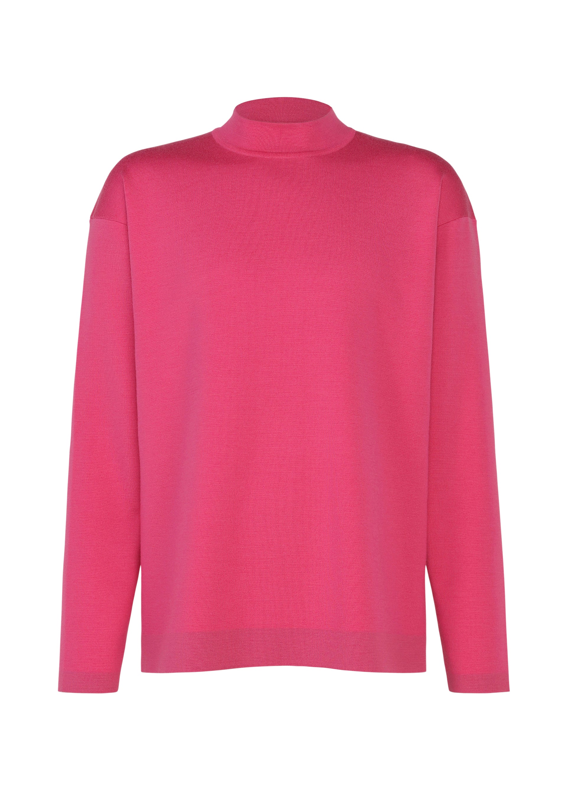 Zoomed view The MONO-MILANO pullover sweater by IM MEN is a vibrant pink, long-sleeve Milano ribbed design featuring a mock neck. Crafted from washable wool, it offers a plain, pattern-free look with a relaxed, loose fit for comfort and wrinkle resistance. - PINK （no.22）