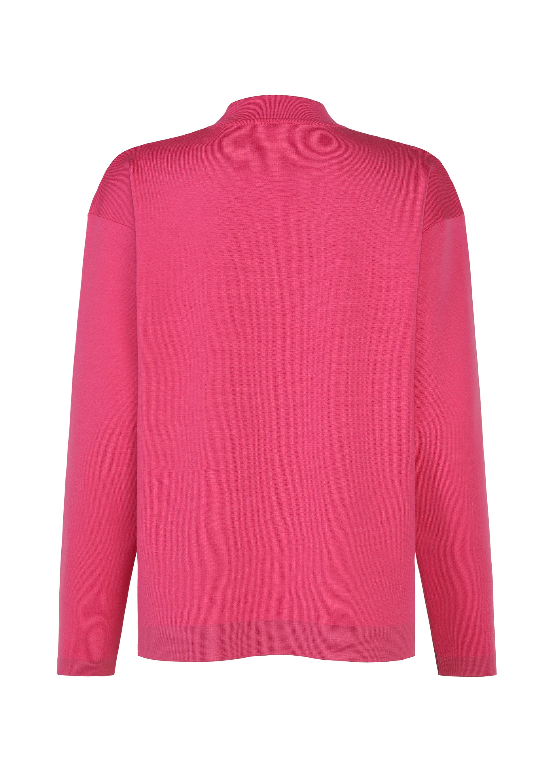 Zoomed view The MONO-MILANO by IM MEN is a plain, long-sleeved pullover sweater in bright pink, crafted from washable Milano ribbed wool, shown from the back against a white background.