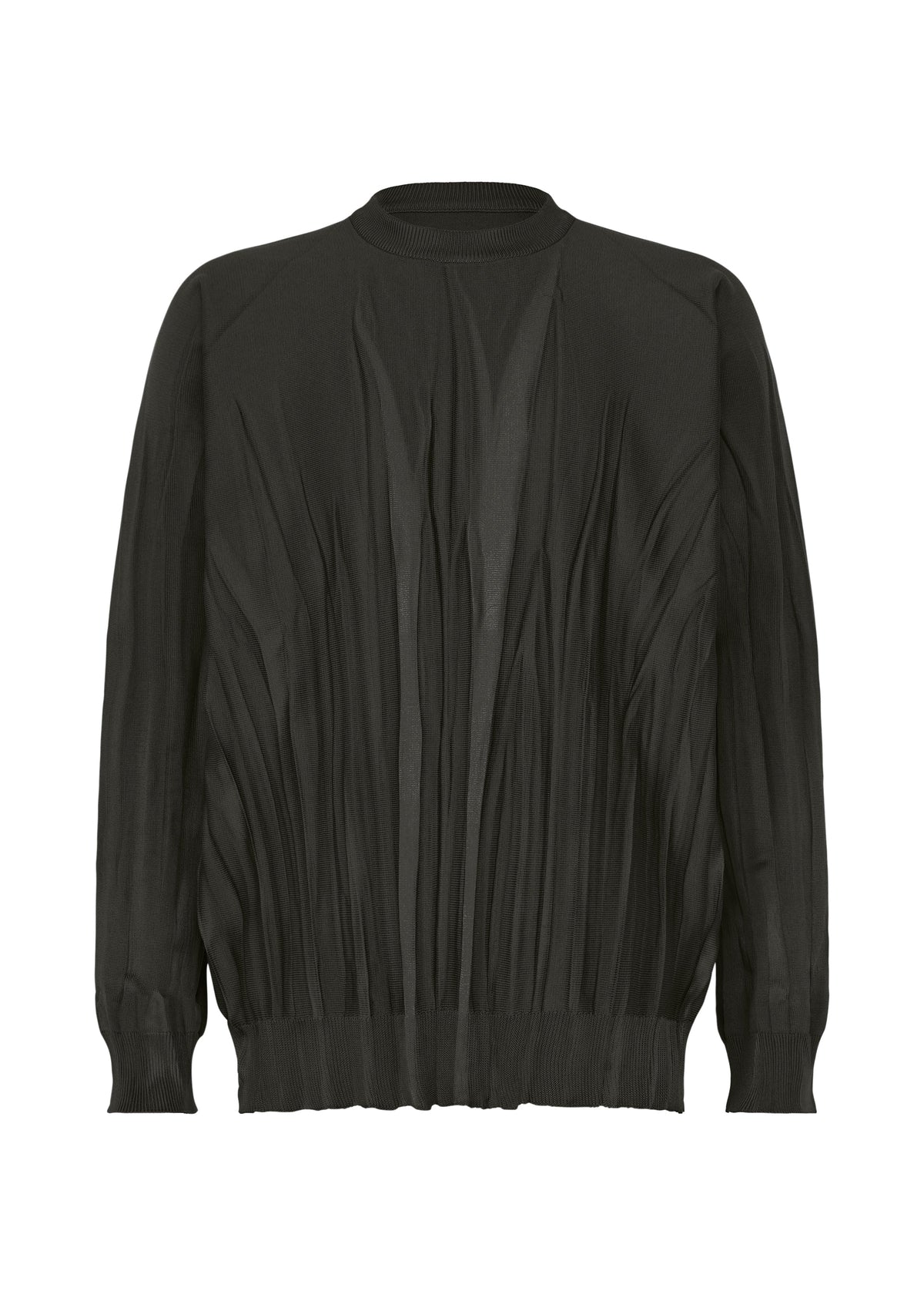 Zoomed view The IM MEN RIPPLE KNIT is a black long-sleeve sweater featuring a pleated, textured polyester front and ribbed cuffs, collar, and hem for a dynamic look. - BLACK （no.15）